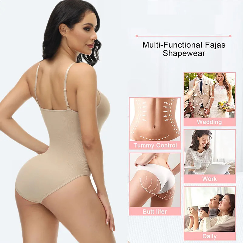 Vneck spaghetti strap bodysuit compression open crotch slimming smooth out 240812