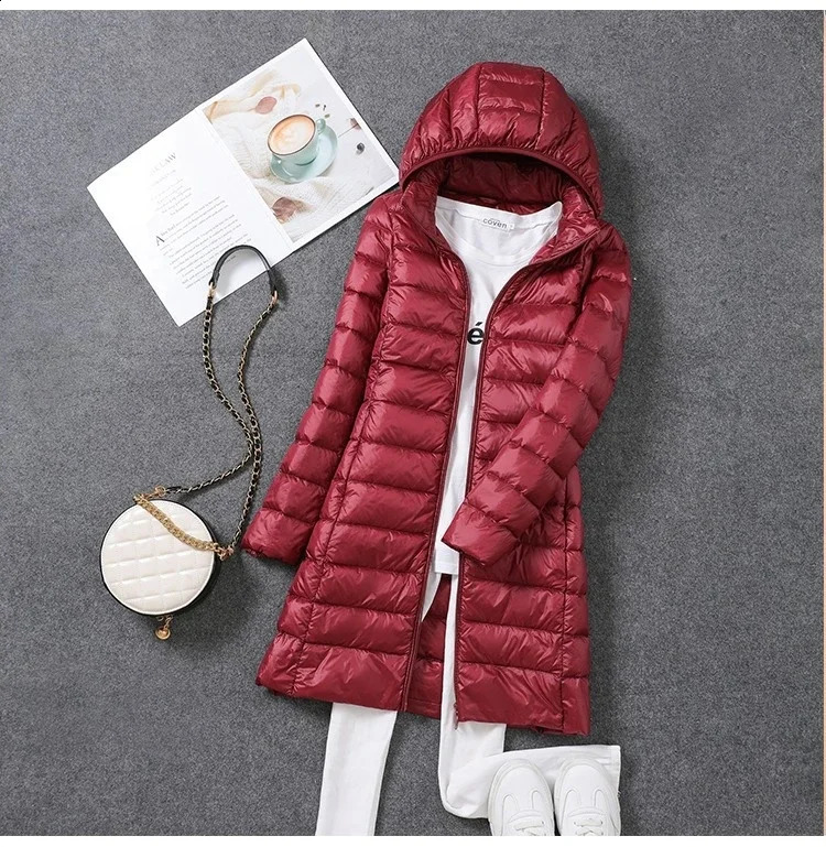2024 Women Spring Jacket Ultralight Thin Packable Down Long Jacket Female Hat Detachable Slim Fit Skirt Coat Portable Outwear 240813