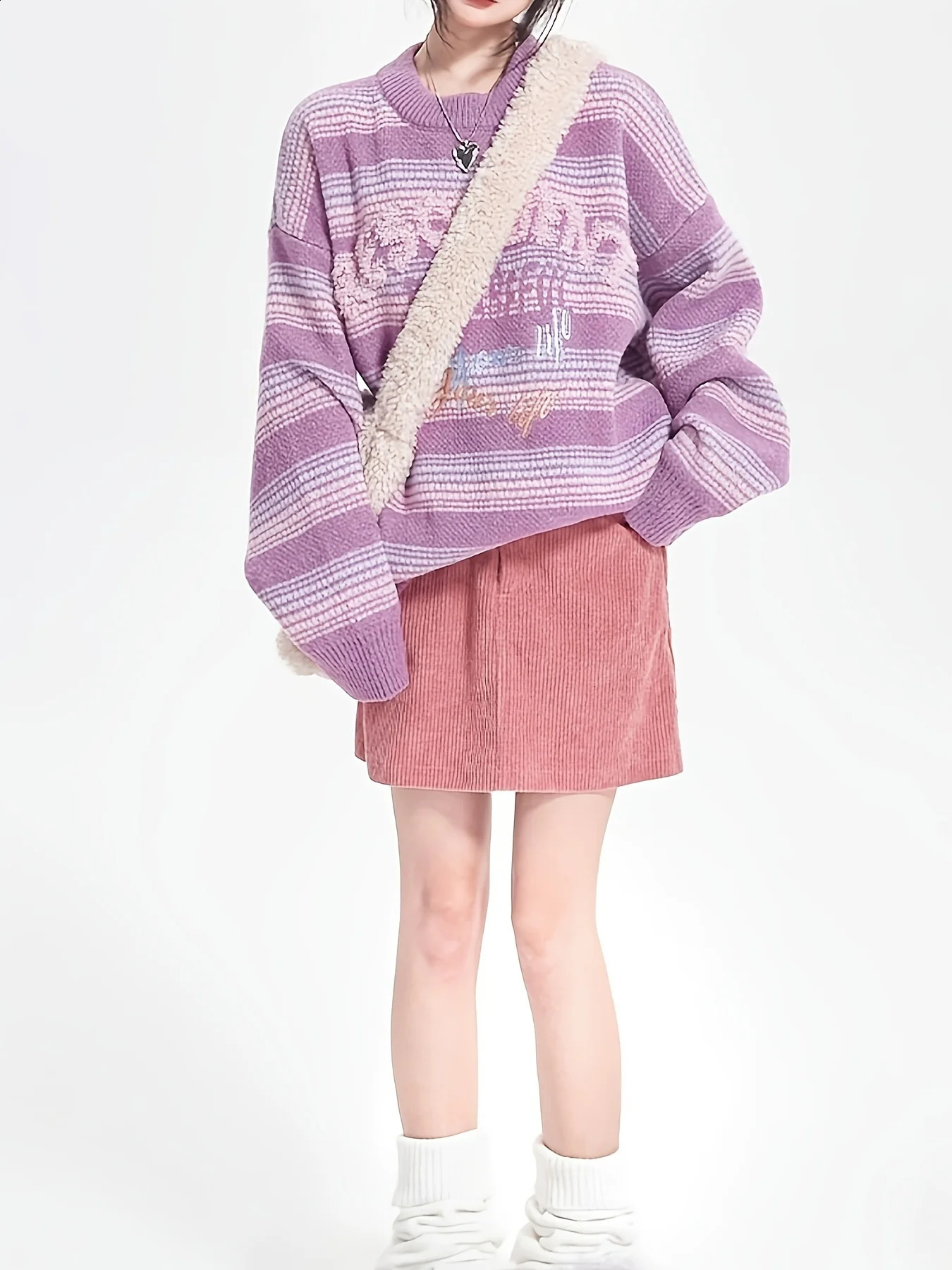 Womens Kawaii Preppy Style Contrast Letter Embroidered Striped Knit Pullover Sweaters Winter Outwear 240812