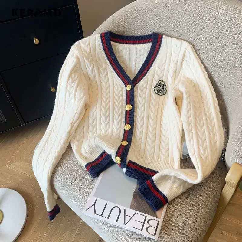 Autumn Winter Preppy Style V-Neck Knitting Long Sleeve Cardigan Women Casual Appliques Single Breasted Female Loose Sweater 240812