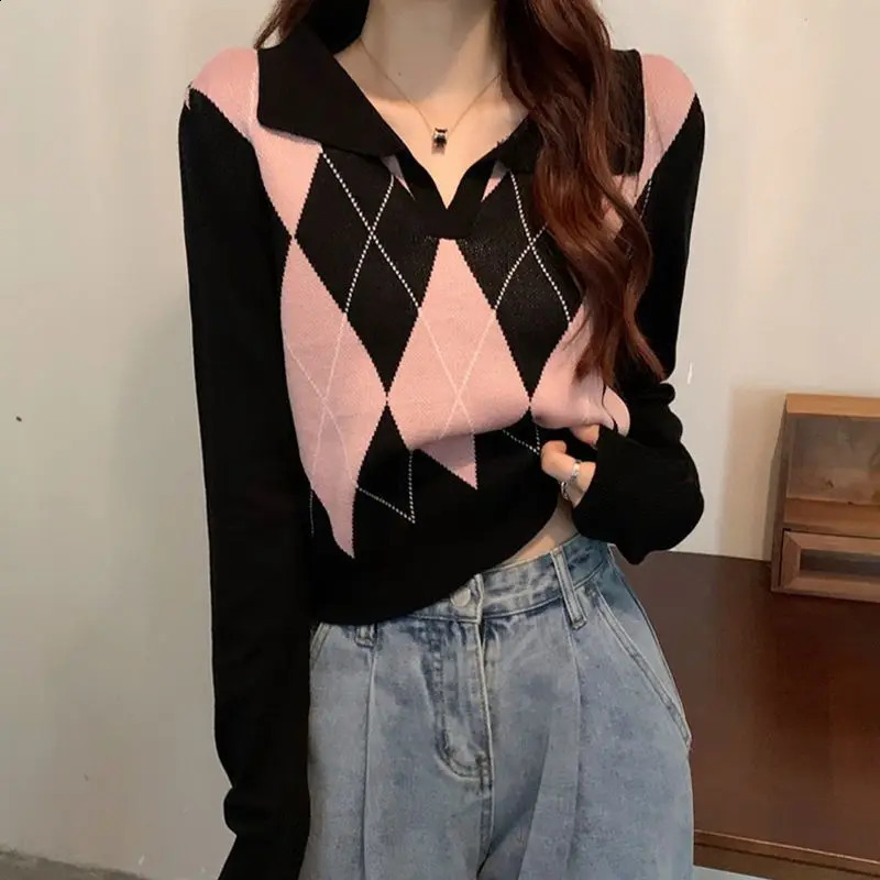 Spring Trend Patchwork Knitting Turn-down Collar Long Sleeve Pullovers Women Clothing Preppy Style Plaid Slim Sweater Femme Tops 240812