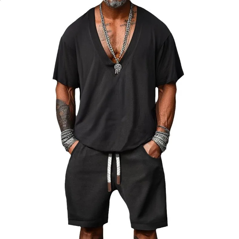 Summer mens casual suit solid color Vneck floral simple shorts twopiece set 240812