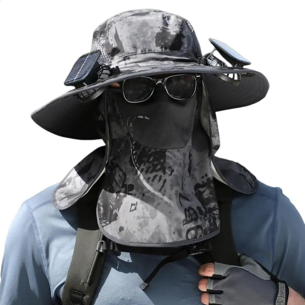 Mens Fishermans Hat with Solar Fan Front Cover Large Diameter Hollow Mesh UV Protection Outdoor Fishing Travel 240812