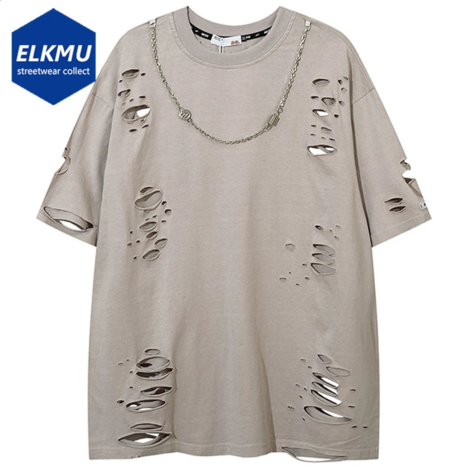 Oversized Hip Hop Ripped T Shirts Distressed Harajuku Streetwear Black T-shirts Men Summer Fashion Cotton Top Tees 240812