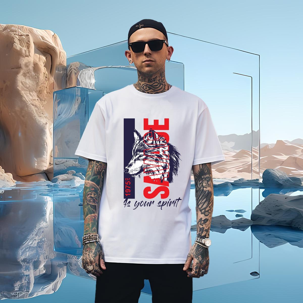 Men T Shirts 100% Cotton 230g wolf Daily Outfit Breathable Short Sleeve DIY Logo Oversized Men Tshirts 2024 DIY Brand Tops