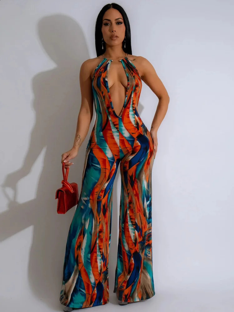 Beyprern Tropical Halter Neck O-Rings Metal Jumpsuits One Piece Outfits Beautiful Backless Printed Wide Leg Rompers Overalls 240813