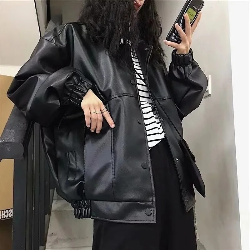 European and American street PU leather jacket trend loose fit suitable for motorcycle clothing womens pilot couple 240812