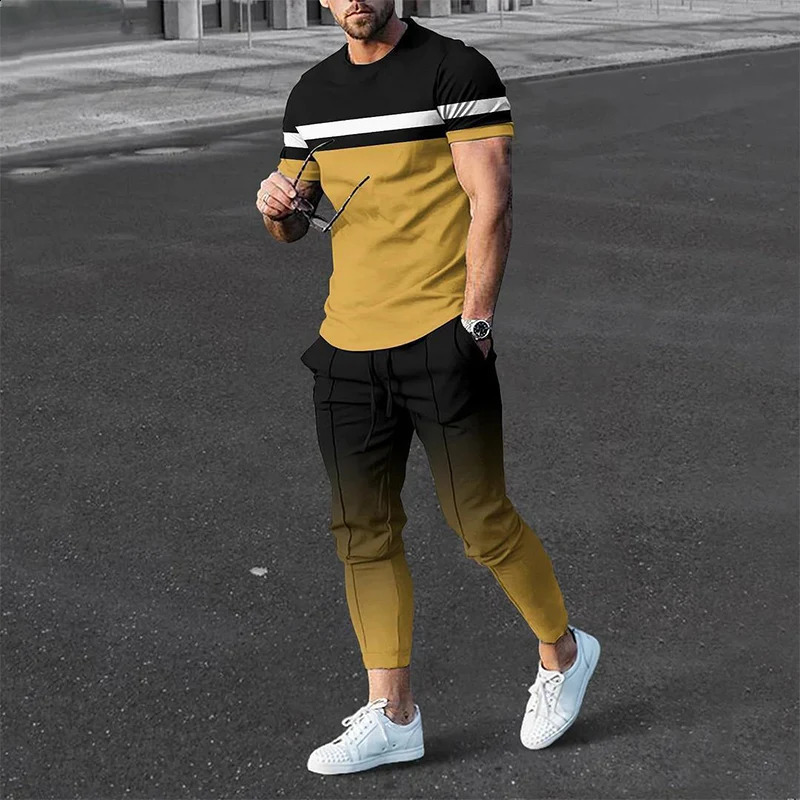Summer Male Loose Casual Printing T-shirt Elastic Waist Pants Set Men Short Sleeve Street Style Pullover Tee Sweatpants Homme 240813
