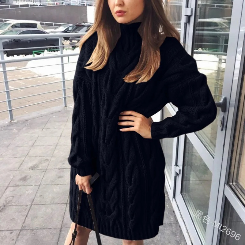 Autumn Winter Solid Color Loose High Collar A Long Sweater Women Knitted Dress Sweater Women Long Sleeve O-Neck Pullover Sweater 240813