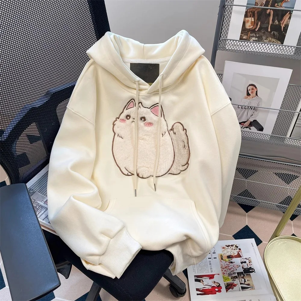 Spring Autumn Female Couples Clothes Cartoon Embroidery Lovely 3D Cat Print Pullover Hoodies Women Sweatshirt Hooded Coat 250106
