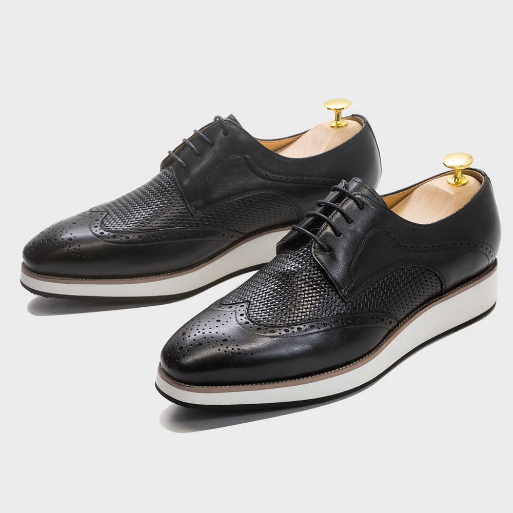 CMM New Trendy Mens Leather Casual Pointed Derby Shoes Mens Woven Pattern Low Top Mens Leather Shoes