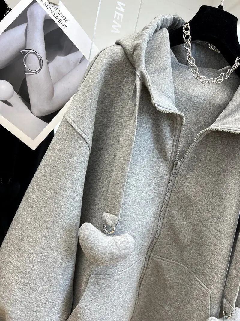 3XL Hoodies Women Zip Up Oversize Ins Solid Color Simple Leisure Korean Style All-match Warm Coats Autumn Winter Prevalent BF 240812