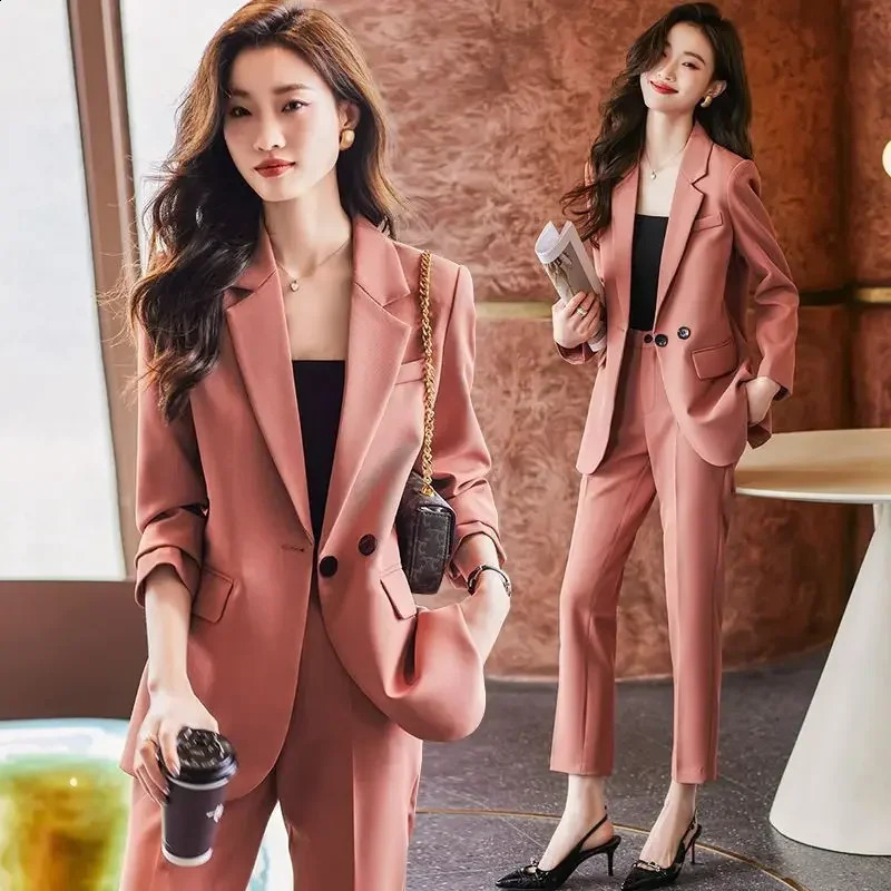 Black twopiece womens office pants professional set Trouser Pink Jacket and workwear Xxl 240812