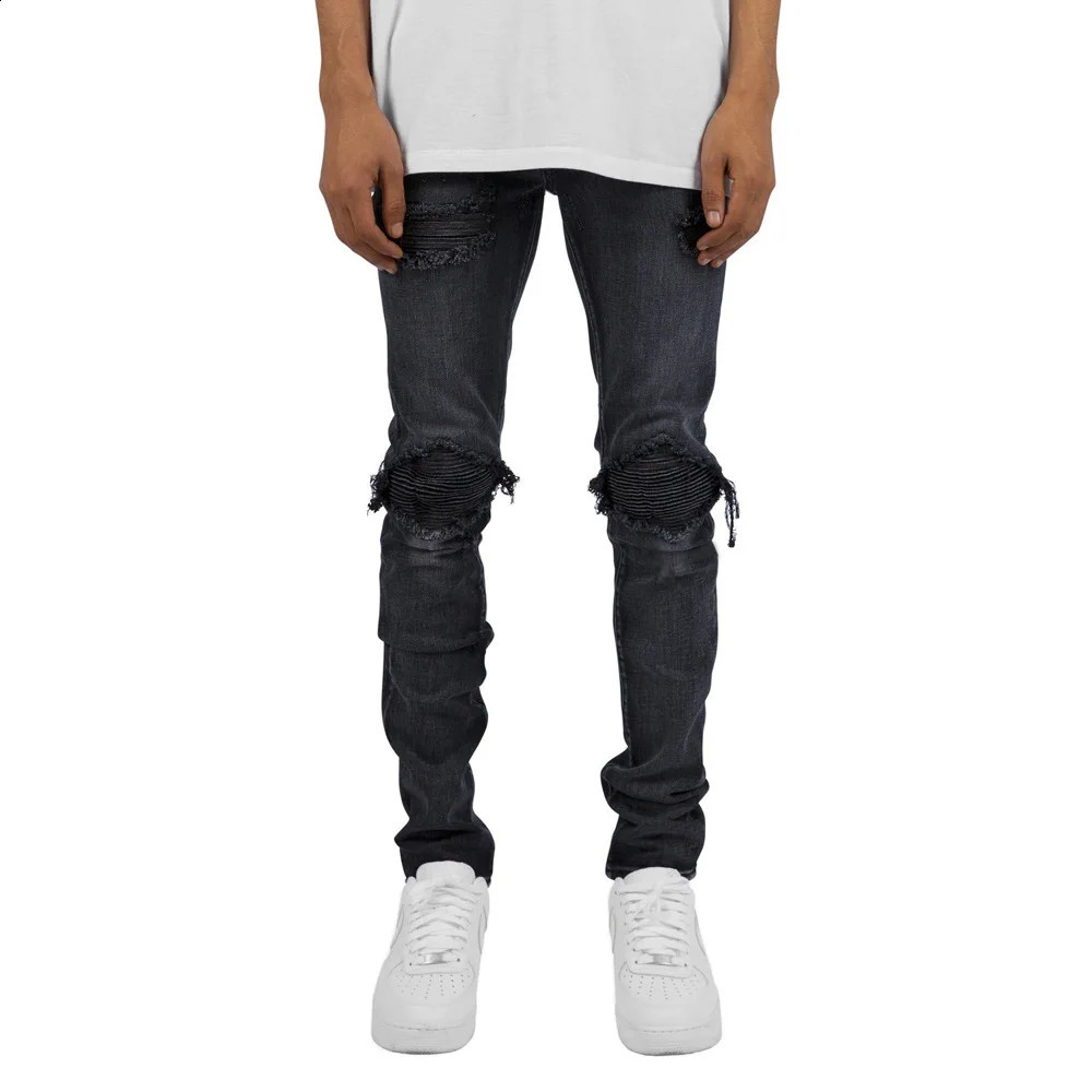 High Street Ripped Knee Distressed Mens Jeans Fashion Mens Bicycle Stretch Tight Jeans 240802