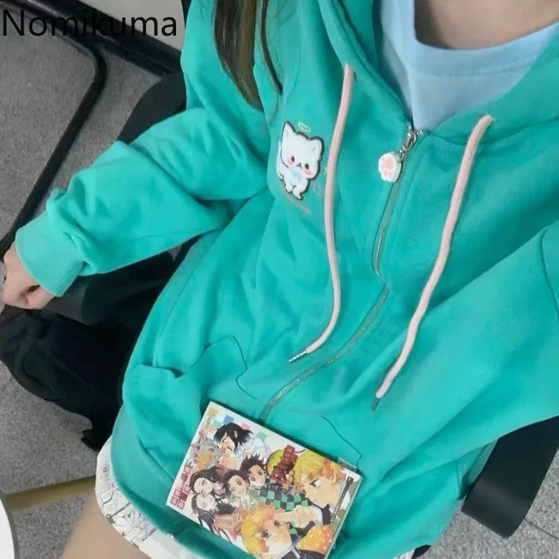 Embroidery Cat Anime Hoodie Women Long Sleeve Hooded Zipper Japanese Y2k Coat Ropa Mujer Casual Oversized Sweatshirts Tops 240812