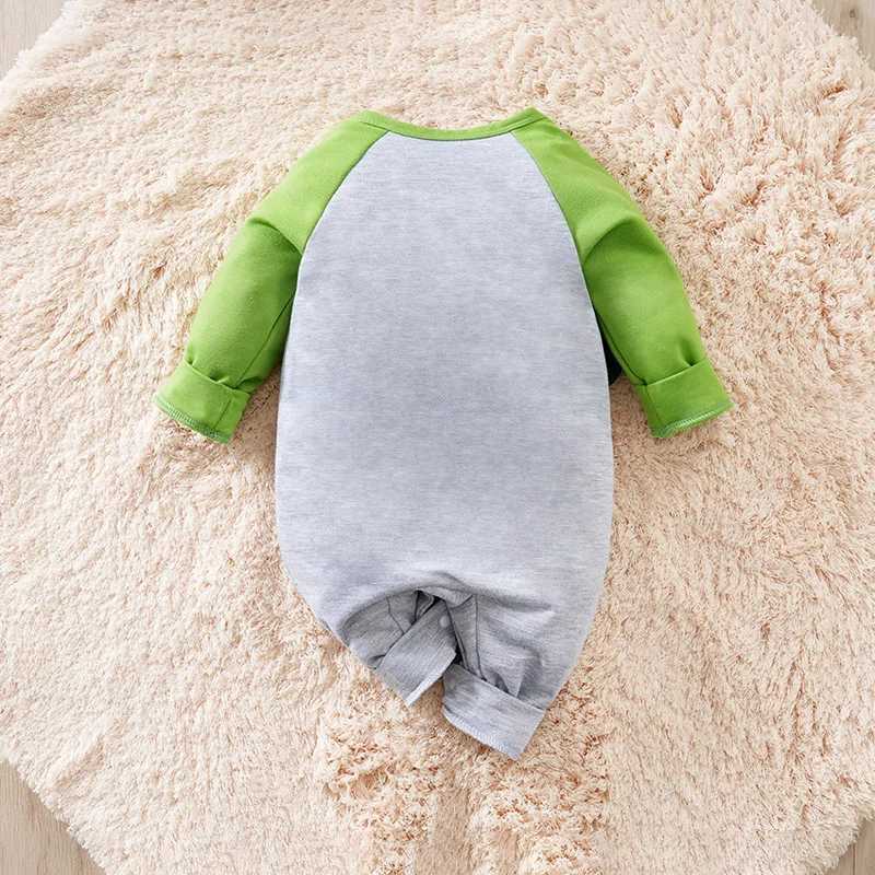 Newborn boy girl toddler clothing jumpsuit casual cute cartoon dinosaur spring and autumn green long sleeved baby jumpsuit W240812