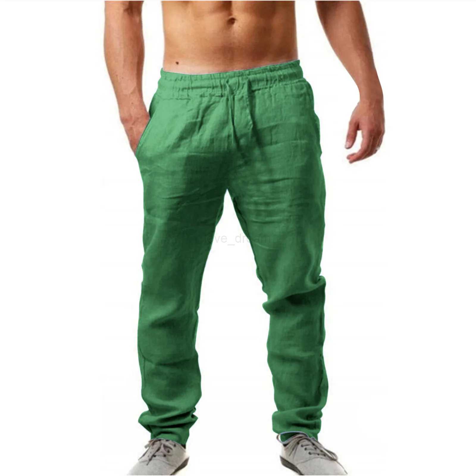 Pants Men Cotton Linen Trousers Joggers Casual Solid Elastic Waist Straight Loose Sports Running Pants Plus Size Mens ClothingXJ240813