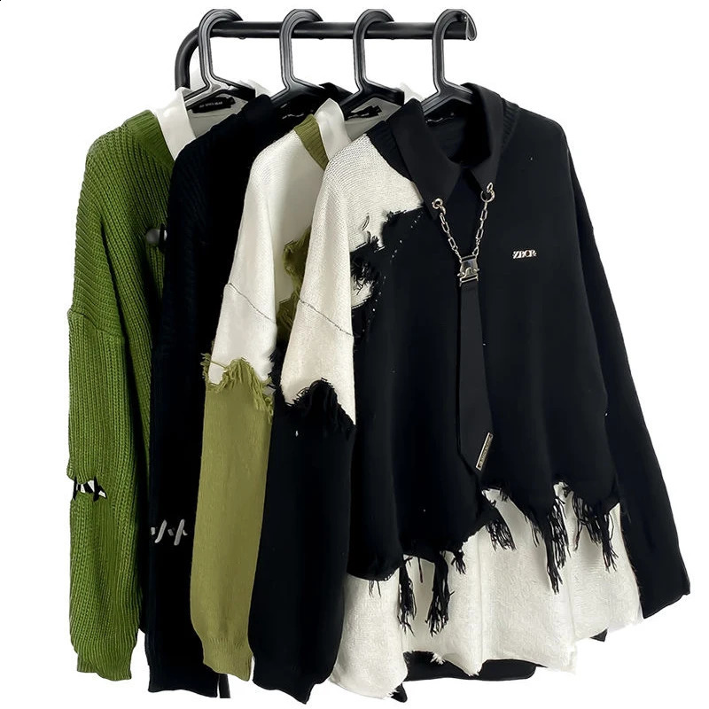 Womens Split Knitted Pullover with Button Vintage Street Apparel Harajuku Hole Gothic Plus Size Korean Sweater 240812
