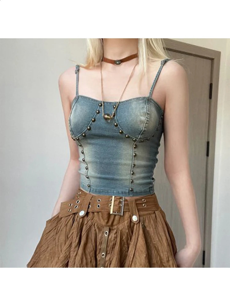 Vintage Beach Resort Style Fashion 2 Piece Set Gyaru Embroidered Flares Denim Halter TopElastic Waist A-Line Skirt With Belt 240812