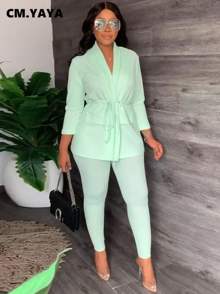CM YAYA Womens Dress Waist Jacket Top and Pencil Pants Set Streetwear Two Piece Wear 240812