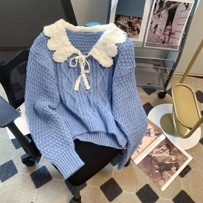 Japanese Sweet Pullovers Peter Pan Collar Contrast Color Lace Up Autumn Knit Sweaters for Women Preppy Style All Match Clothing 240812