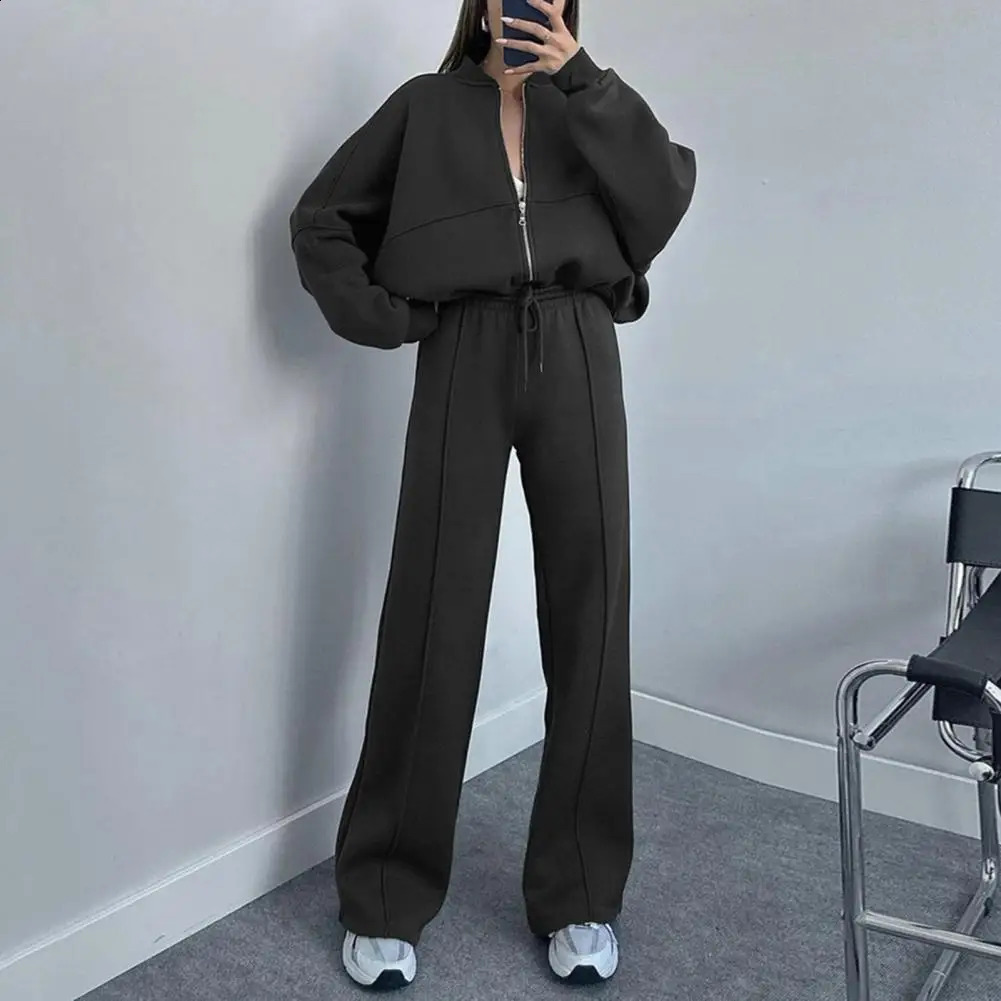 Women Loose Fit Suit Womens 2-piece Tracksuit Set with Stand Collar Coat Wide Leg Pants Solid Color Zipper Closure for Casual 240812