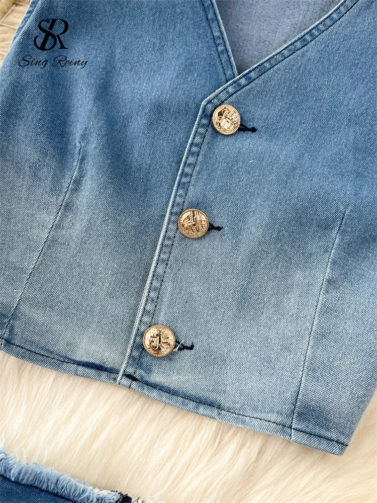SINGREINY Vintage Denim Sets V-Neck Sleeveless Gradient Short TopsZipper Split Fishtail Skirt 2024 Fashion High Quality Suits 240812