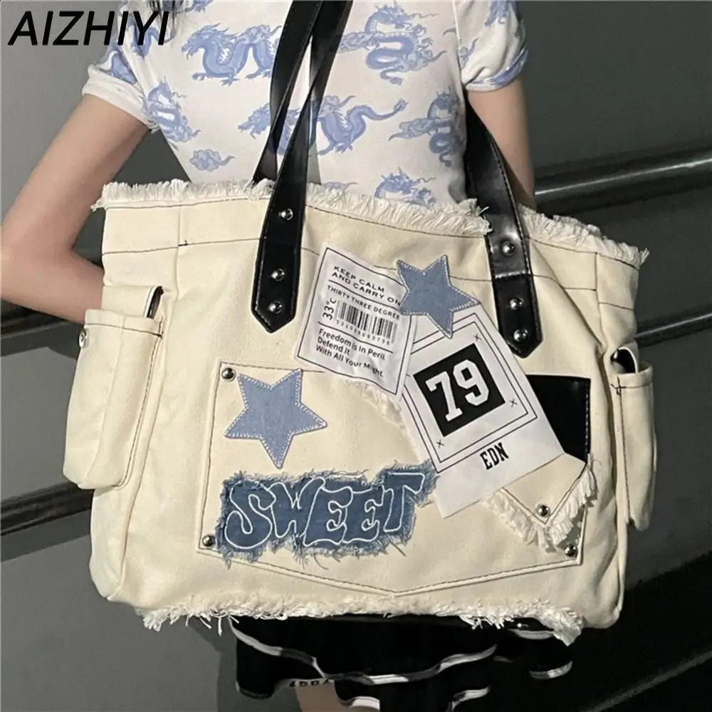Womens casual square large capacity solid shoulder bag with side pockets star shaped handbag canvas 240813