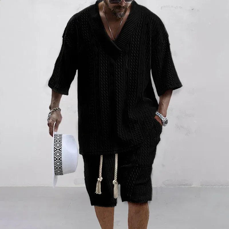 Summer Casual Shorts Set Knitted Two Piece Mens Vneck Short Sleeve Tshirt and Street Clothing 240812