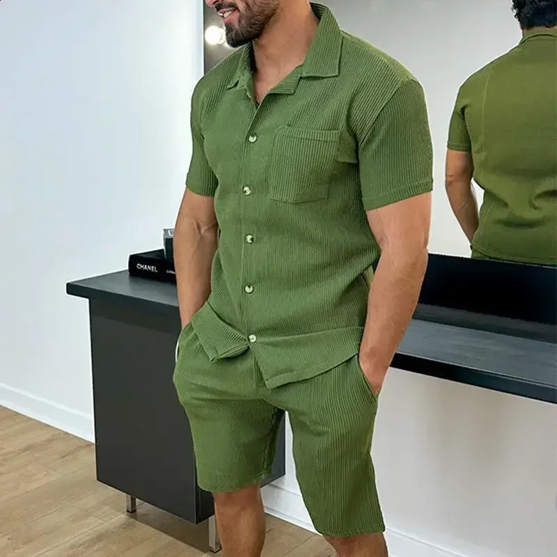 2024 Summer Turn-down Collar Casual Loose Mens Sets Solid Soft Single Breasted Button Shirts Shorts Suit Mens Two-piece Suits 240813