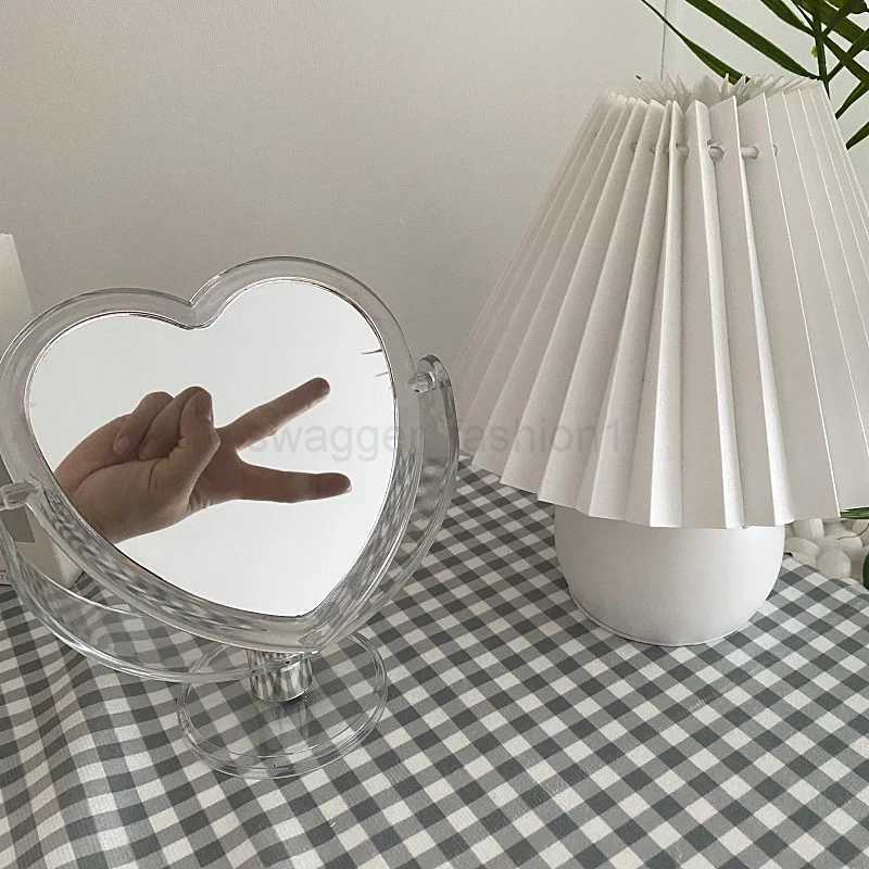 New Acrylic Double Side Makeup Mirror Heart Shaped Cosmetic Mirror Transparent Base Home Bedroom Desktop Make Up MirrorXJ240813