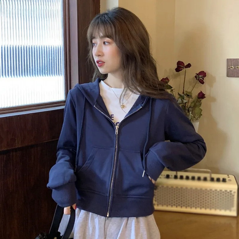 Fall/Spring Womens Loose Hooded Zipper Sweatshirt Long Sleeve Thin Cardigan Solid Casual Versatile Jacket 240812
