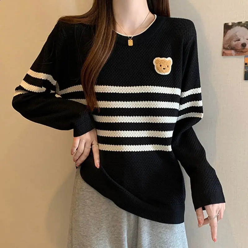 Preppy Style Autumn Womens Sweaters O-Neck Striped Cartoon Screw Thread Fashion Casual Loose Long Sleeve Pullovers Knitted Tops 240812