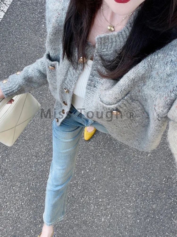 Gray Vintage Knitted Cardigan Women Autumn Winter Preppy Style Casual Sweater Coat Female Korean Fashion Retro Warm Tops 240812