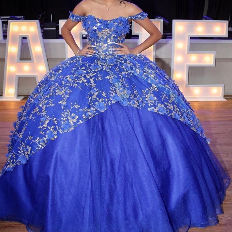 Blue Quinceanera Dresses Sleeveless Ball Gown Off The Shoulder 3D wers Gold Applique Lace Corset Vestidos Para XV 15 Anos