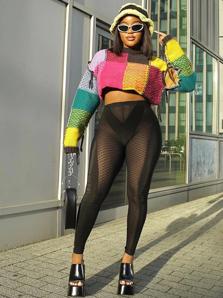 Weird Puss Knit Women Sweater Pullover Autumn Y2K Colorful Casual Fashion Patchwork o-Neck Casual Wild Streetwear Basic Tees 240813