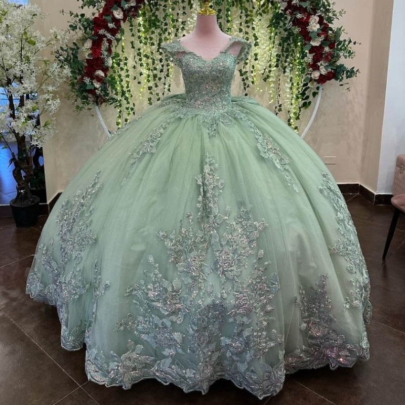 Sage Green Sparkly Quinceanera Dresses Applique Beads With Big Bow Off Shoulder Corset vestido de 15 anos Sweet 16 Lace Up