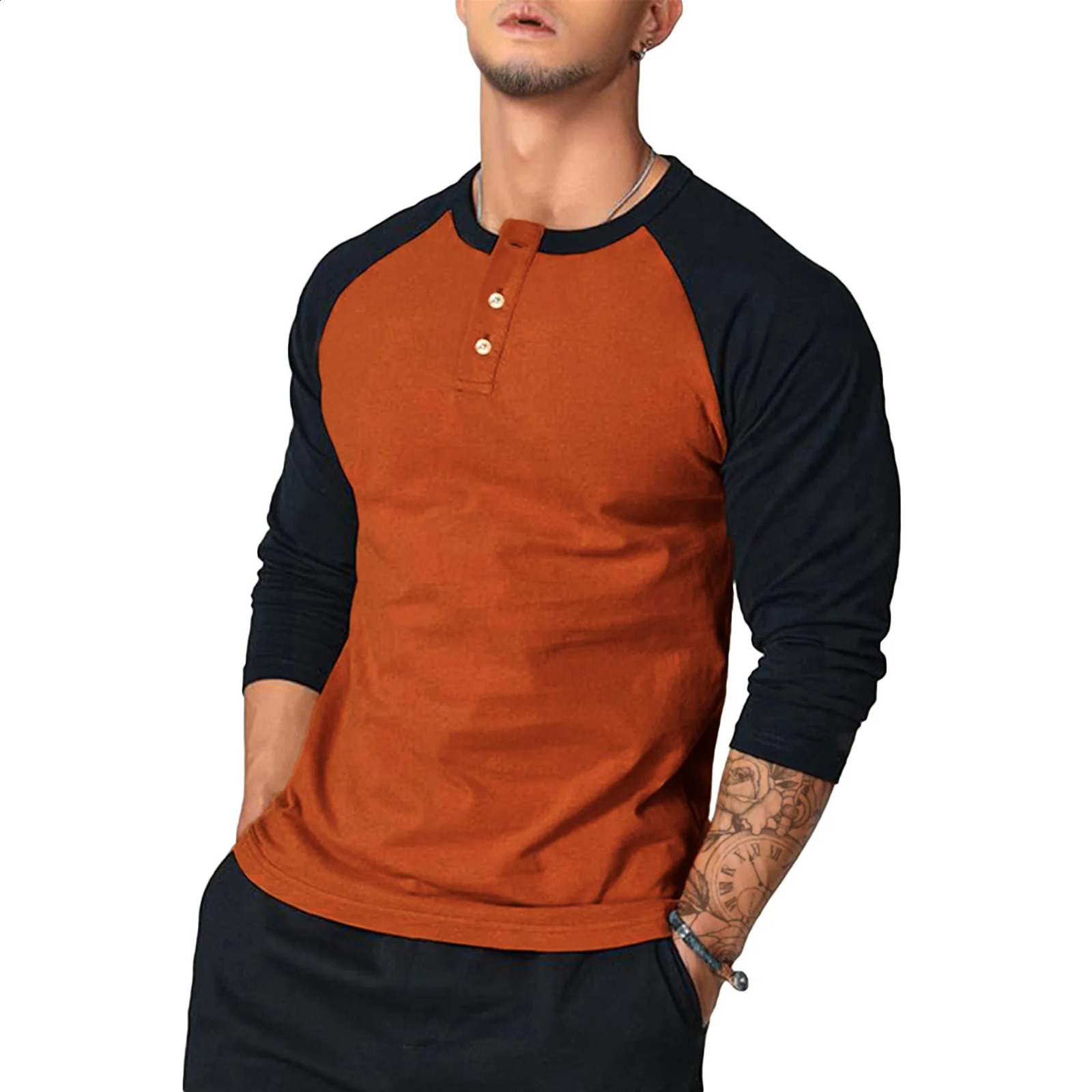 Mens button O-neck long sleeved T-shirt summer mens patch work T-shirt top LXDZ-LCC-CX5 240826