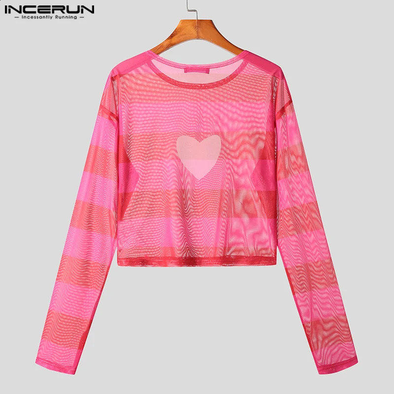 INCERUN Tops American Style Mens Hollowed-out Love Pattern Camiseta Fashion Casual Printed Long-sleeved T-shirts S-5XL 240812