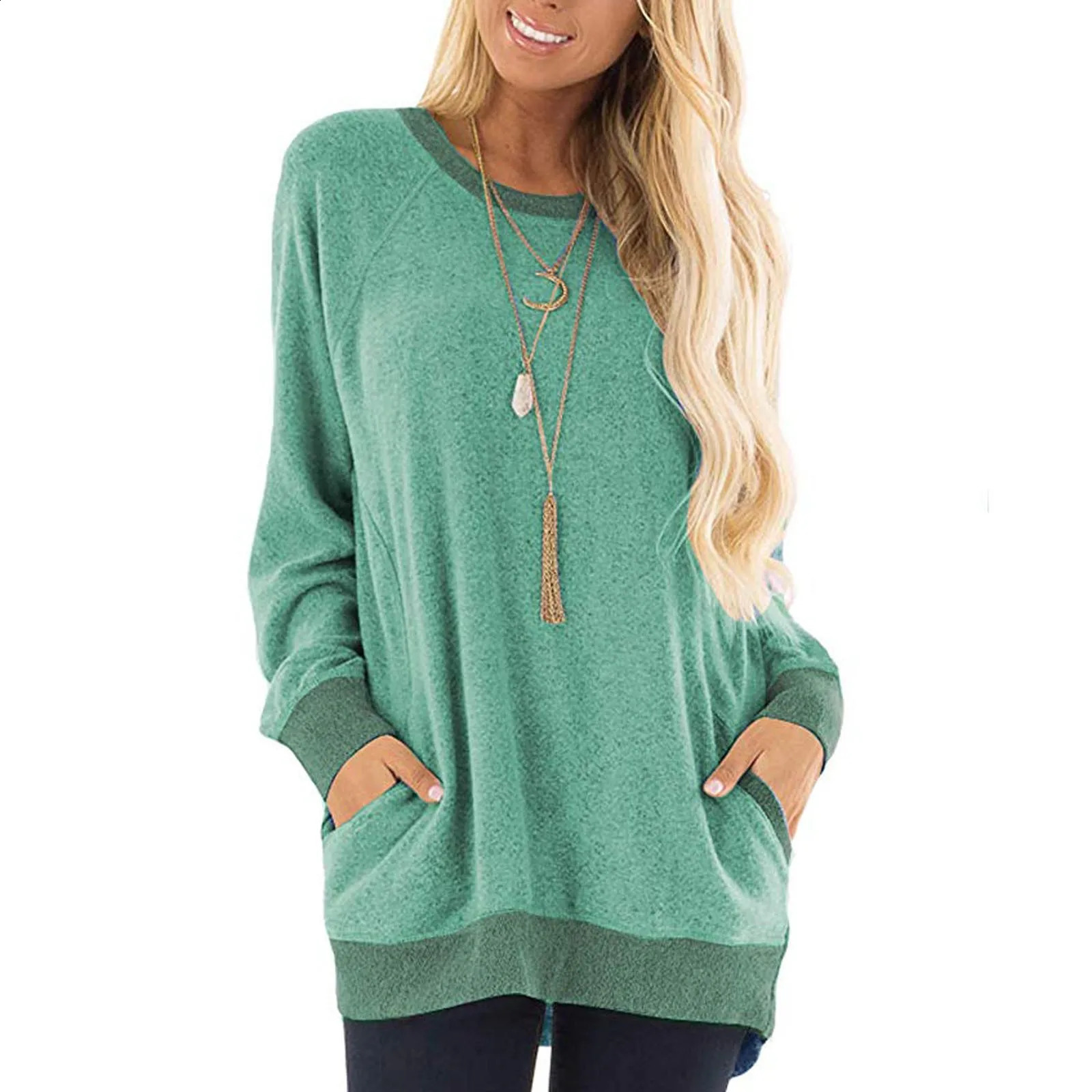 Women Clothings Pocket Casual T-shirt Sweatshirt Round Neck Long Sleeve Women Fashion Autumn Winter 240813