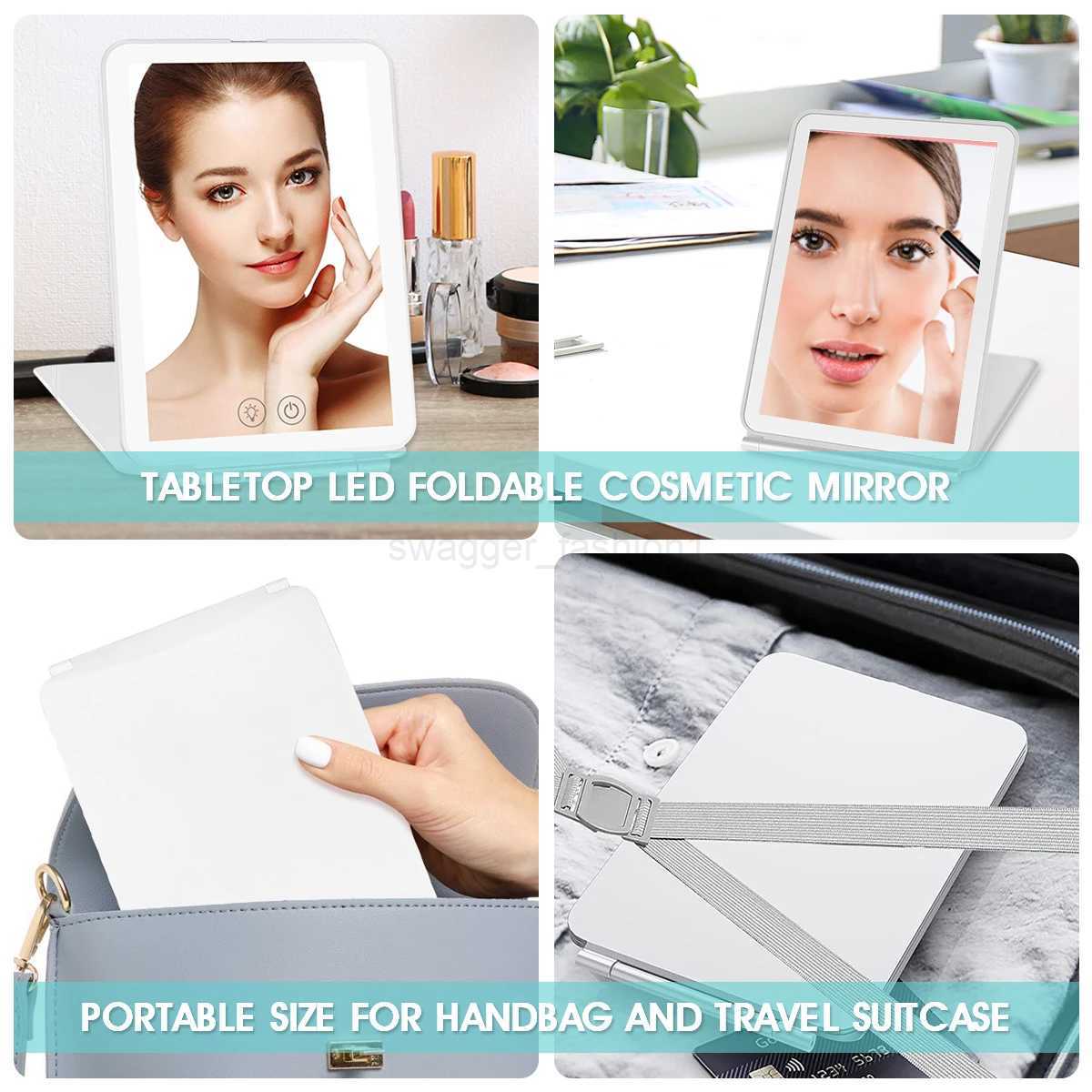 Portable Foldable Travel Makeup 10x 3 Colors LED Light Cosmetic Mirror Touch Screen Stepless Dimming USB Travel Dressing GlassXJ240813