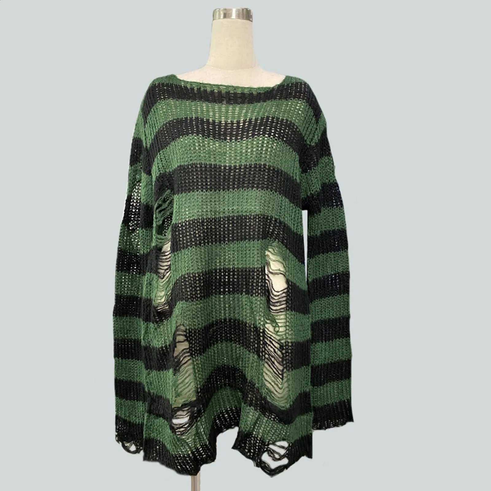 Goth Punk Gothic Sweater Oversized Pullovers Women Striped Cool Hollow Out Hole Broken Jumper Harajuku Aesthetics Sweate 240812