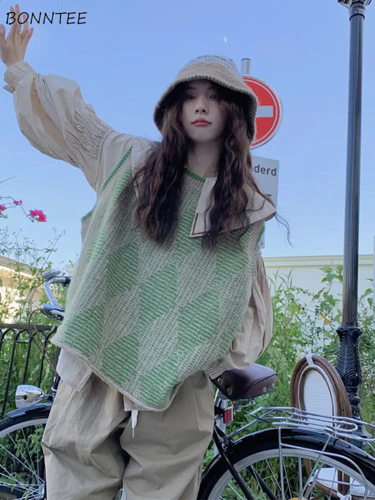 Sweater Vests Women Green Preppy Style Cute Autumn Ins Trendy All-match Cozy Basic Argyle Ladies Knitting College Dating 240812