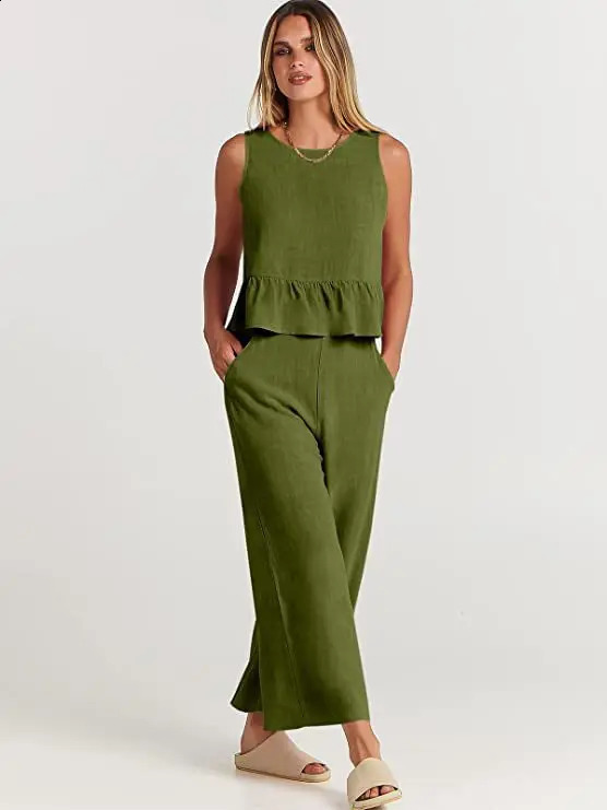 2024 Summer Two Piece Set Women Casual Sleeveless Pleated Pants Sets Wide-leg Loose Clothes 2 Piece Sets O Neck Trouser Suits 240813