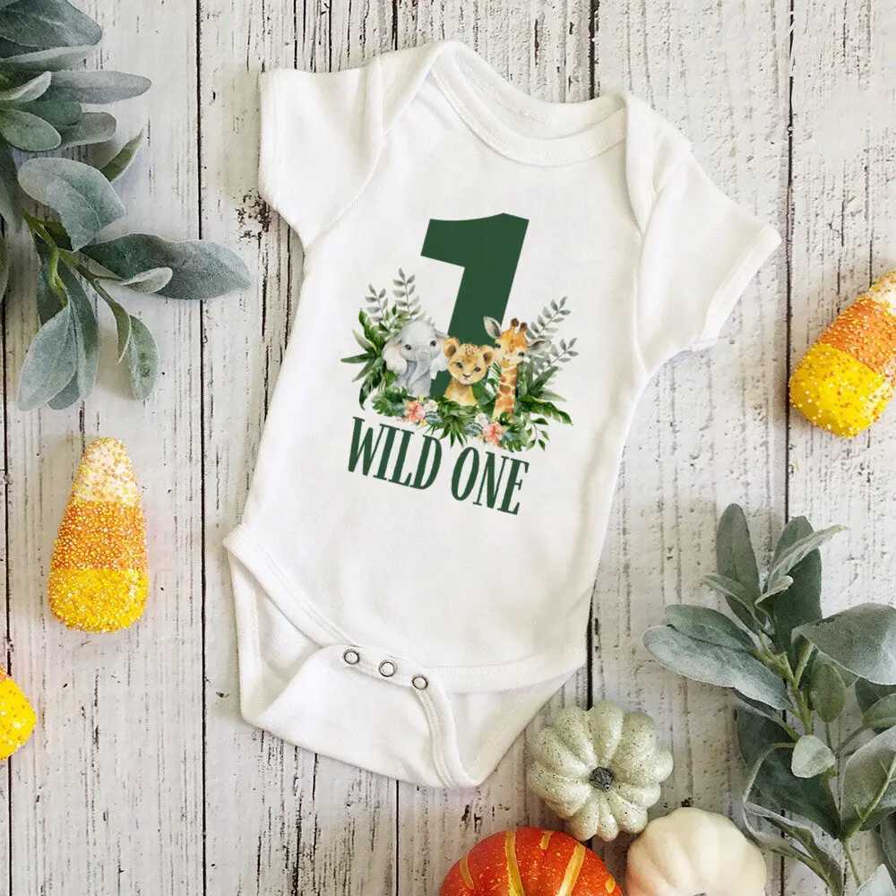 Wild One Birthday Baby Bodusuit Safari Animals Printed Romper Babys First Birthday Jungle Party Set Baby Shower Gift W240812
