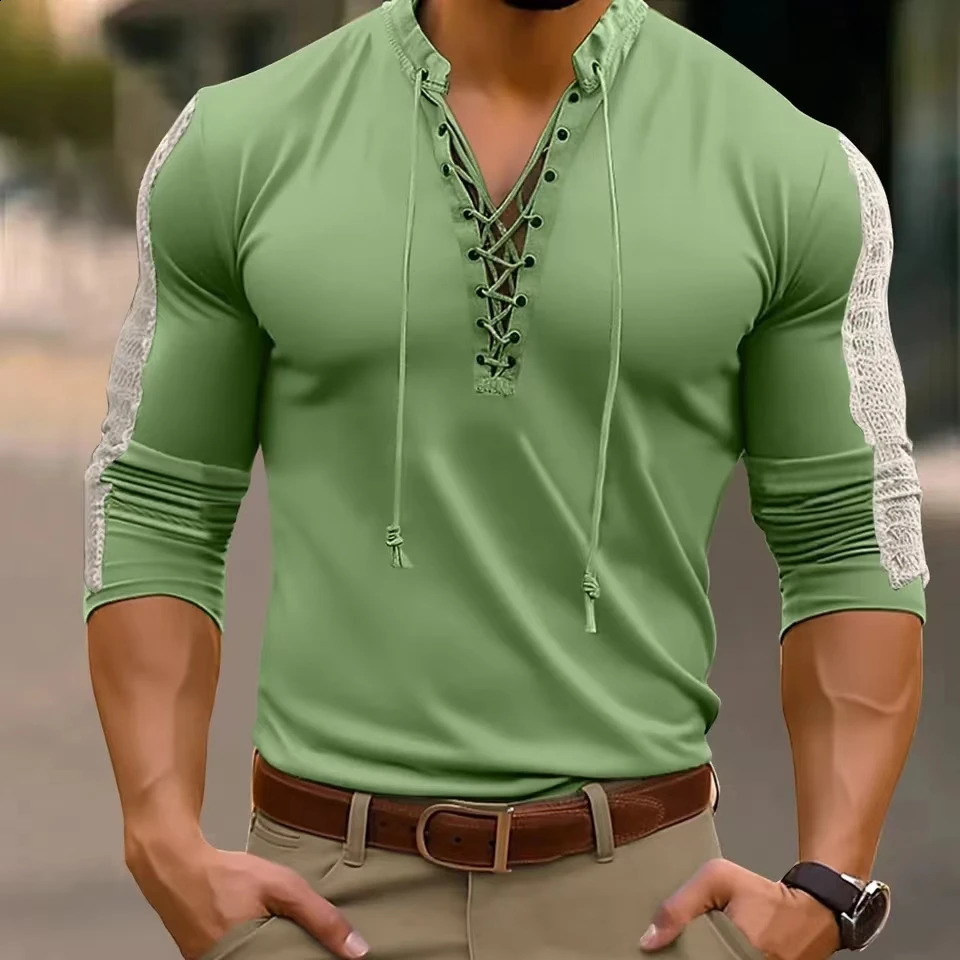 Spring Autumn Men T-Shirts Mesh Patchwork Long Sleeve Top Tees Solid Lace Up V-Neck Casual Bottom Blouse Men Tees Tops 240812