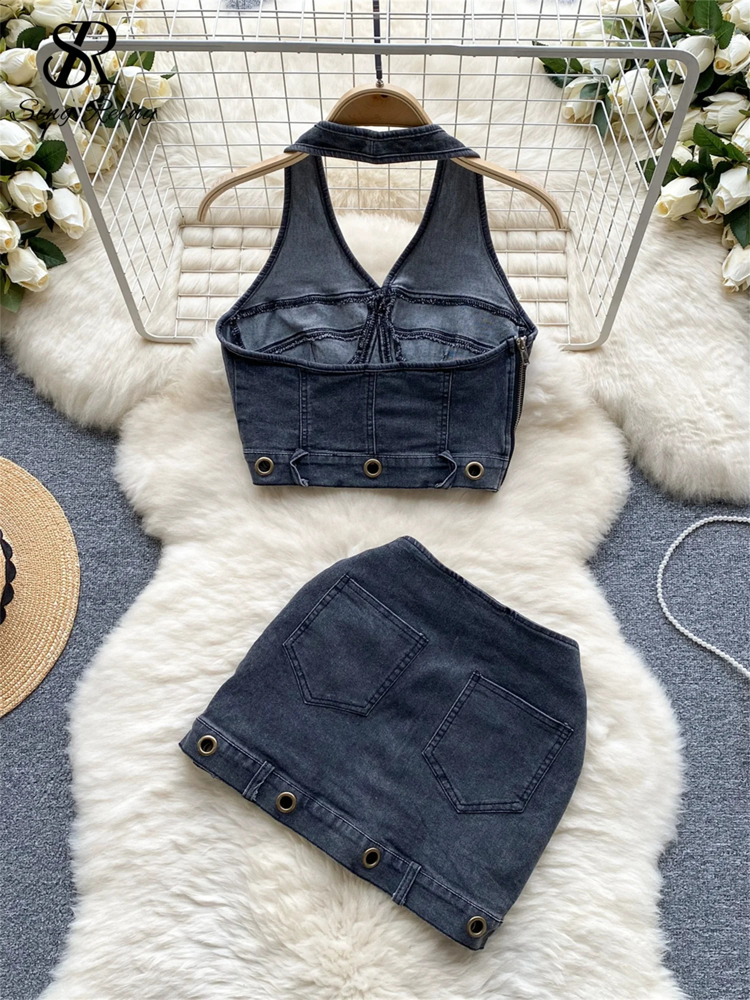 SINGREINY Trend High Street Denim Suits Backless Sleeveles Halter Y2K Top Zipper Pleated Mini Skirt Hollow Out Two Pieces Sets 240812