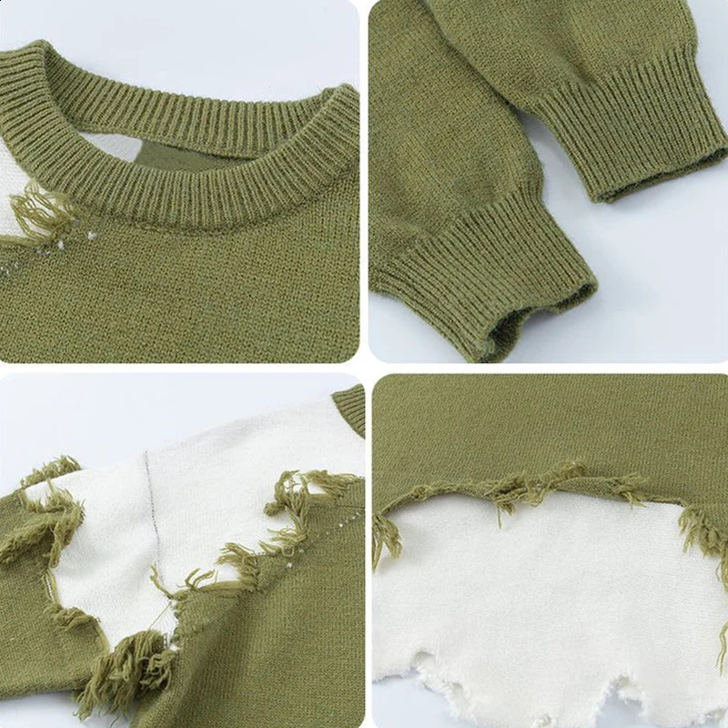 Womens Split Knitted Pullover with Button Vintage Street Apparel Harajuku Hole Gothic Plus Size Korean Sweater 240812