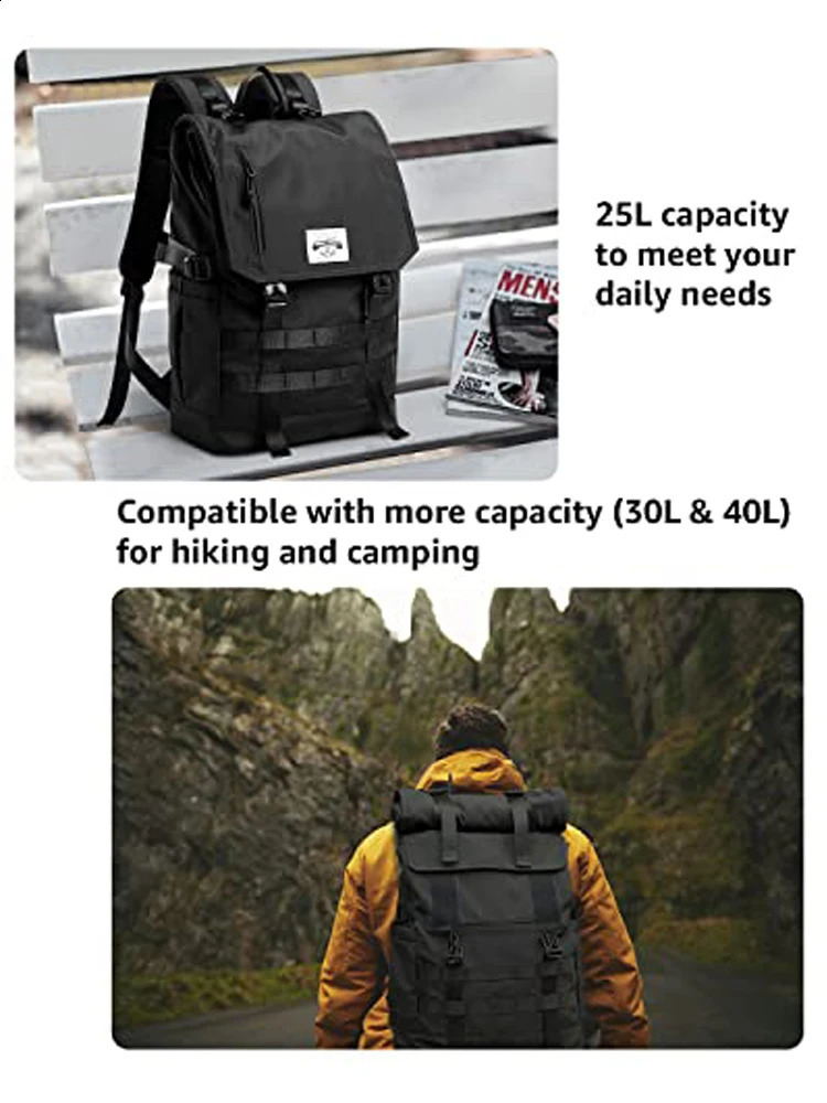Roll Top Mens Backpack Waterproof and Expandable 173inch Laptop Travel 40 Max Liter Rucksack 240813