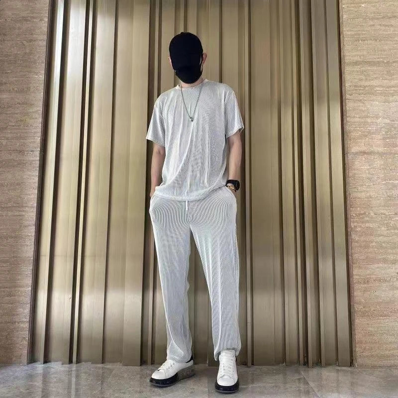 Elastic brown Tshirt mens pants set smooth cool twopiece short sleeved quarter 240812